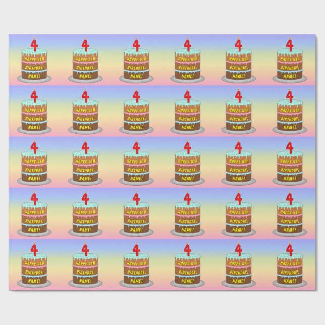 Papel De Regalo 4.º cumpleaños: Pastel de diversión y velas + nomb (Superficie plana)