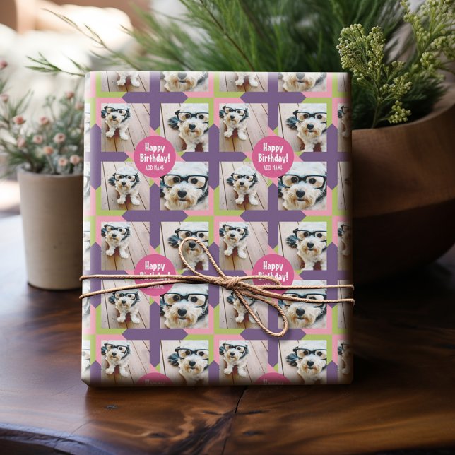 Papel De Regalo 4 Collage de fotos con Personalizado Feliz Cumplea (Personalized Birthday Photo Wrapping Paper)