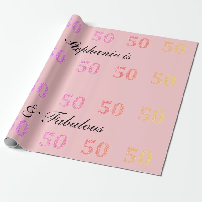 Papel De Regalo 50.º cumpleaños 50 fabuloso nombre Purpurina rosad (Desenrollado)
