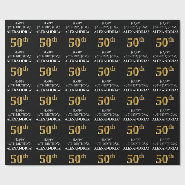Papel De Regalo 50.º cumpleaños: Elegante, negro, falso dorado (Superficie plana)