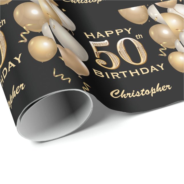 Papel De Regalo 50.º cumpleaños Globos Purpurinas de oro y negro (Esquina del rollo)