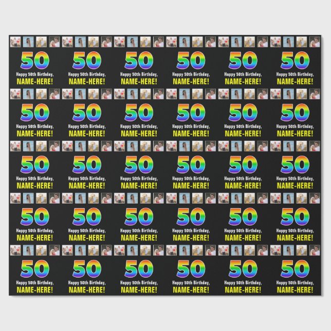 Papel De Regalo 50° cumpleaños: Arcoiris "50"; fotos y nombre de P (Superficie plana)