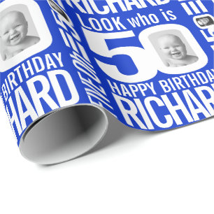 Papel De Regalo 50 cumpleaños color blanco azul aspecto 50 person