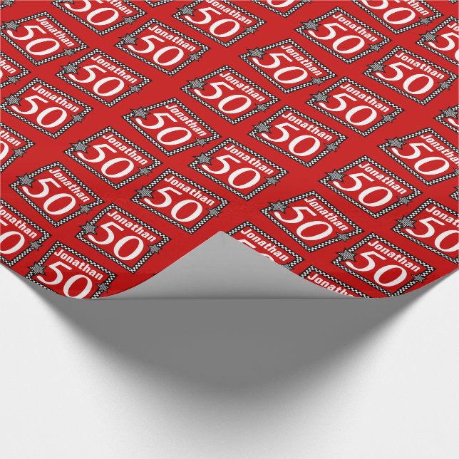 Papel De Regalo 50.o Rojo del cumpleaños con las estrellas (Esquina)