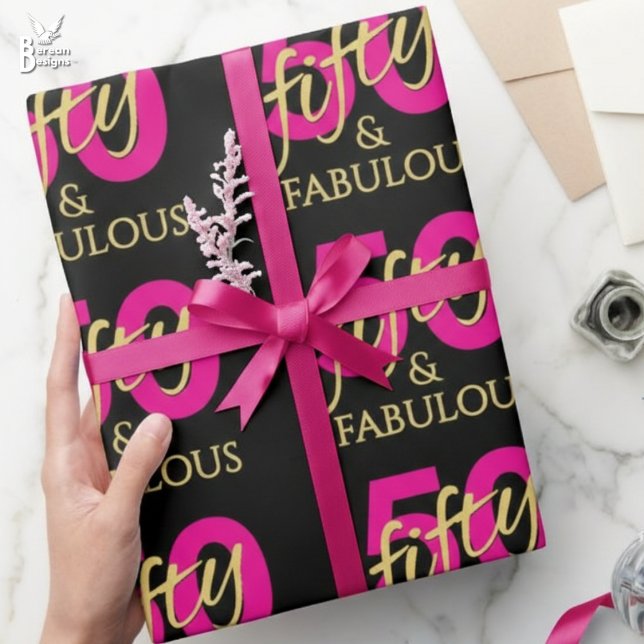 Papel De Regalo 50 y fabuloso cumpleaños cincuenta (50 and Fabulous pink, black, gold giftwrap for fiftieth birthday party. Matching 50th supplies.)