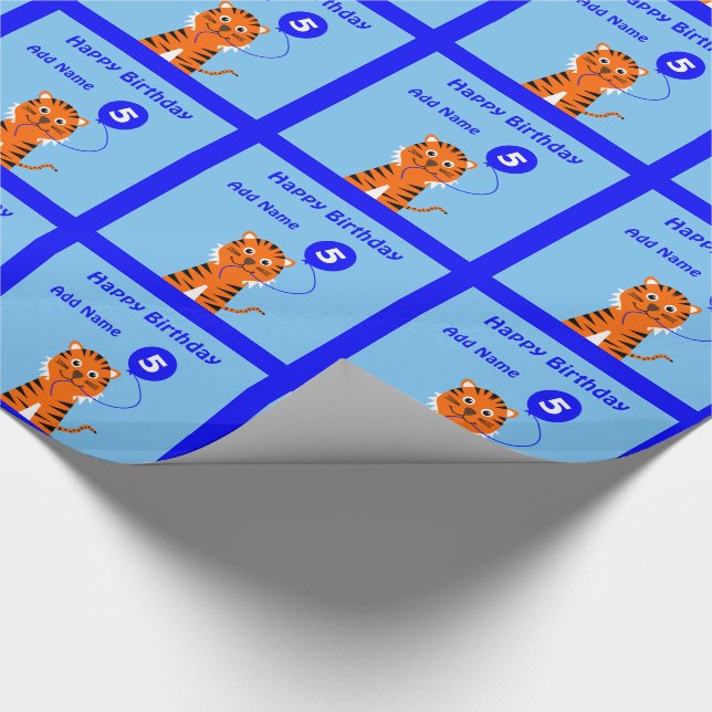 Papel De Regalo 5.º tigre de cumpleaños nombre personalizado azul (Esquina)