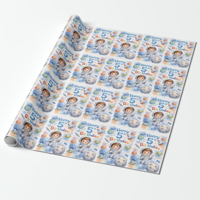 Papel De Regalo 5th Birthday Boy Astronaut Blast off Planets (Desenrollado)