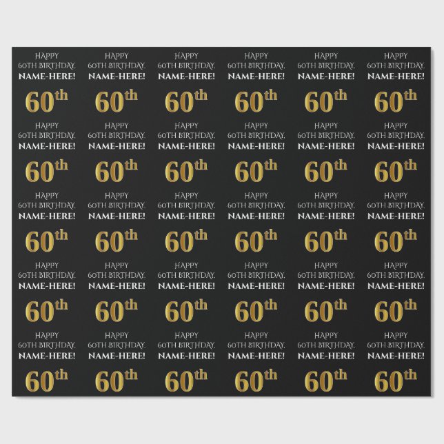Papel De Regalo 60.º cumpleaños: Elegante, negro, falso dorado (Superficie plana)