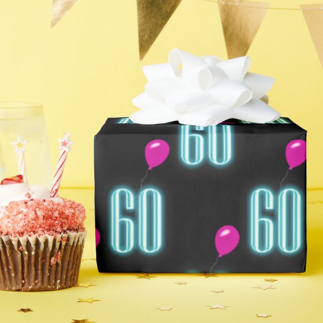 Papel De Regalo 60.º cumpleaños Rótulo neón con globo (Fiesta de cumpleaños )