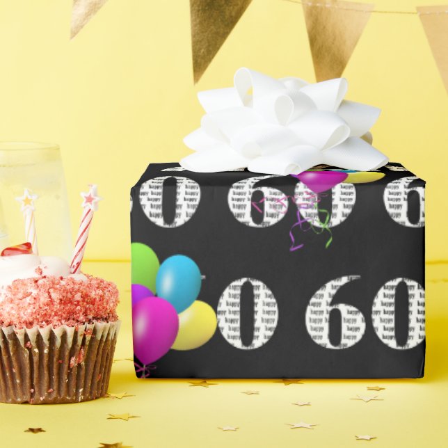 Papel De Regalo 60.º Feliz Cumpleaños Globo en Negro (Fiesta de cumpleaños )