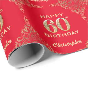 Papel De Regalo 60.º marco Purpurina rojo y dorado