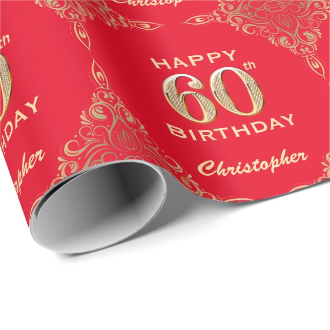 Papel De Regalo 60.º marco Purpurina rojo y dorado (Esquina del rollo)