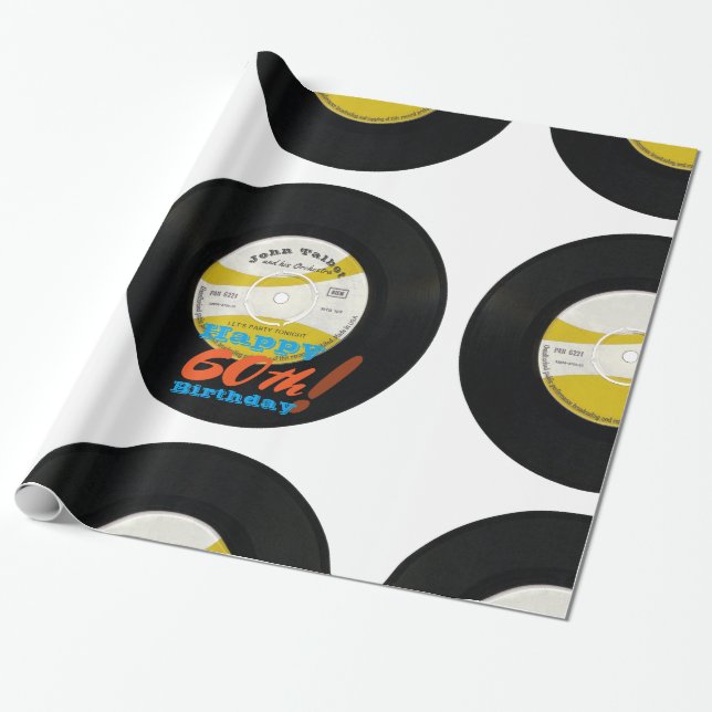 Papel De Regalo 60.º Registro de Vinilo Retro de Cumpleaños 45 RPM (Desenrollado)