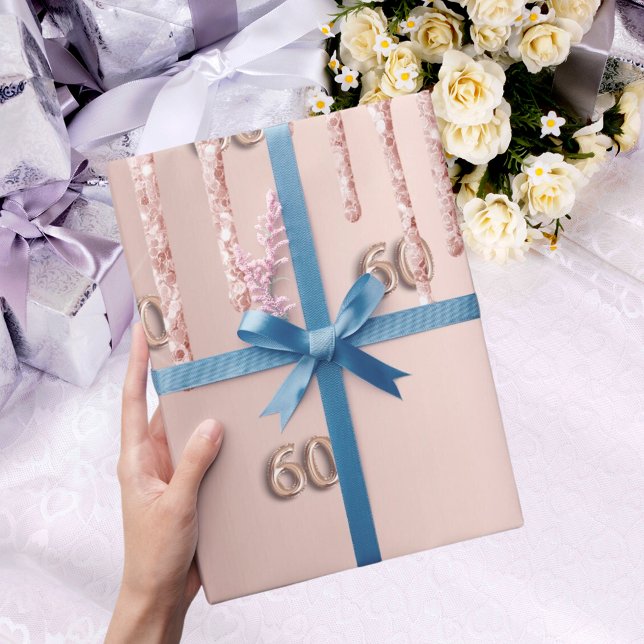 Papel De Regalo 60.º rosa de cumpleaños purpurina de oro gotea ros (Subido por el creador)