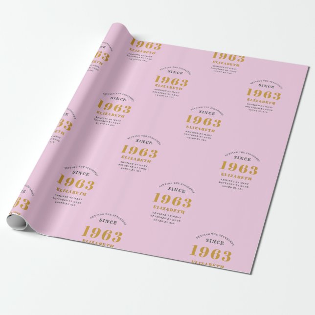 Papel De Regalo 60 cumpleaños 1963 Añadir nombre gris rosado (Desenrollado)