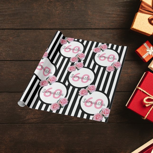 Papel De Regalo 60 cumpleaños moda rosas rosas rosas negras rayas  (Subido por el creador)