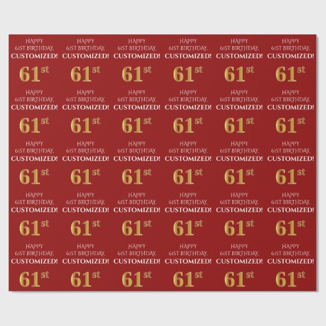 Papel De Regalo 61 Aniversario: Elegante, Rojo, Faux Gold Look (Superficie plana)
