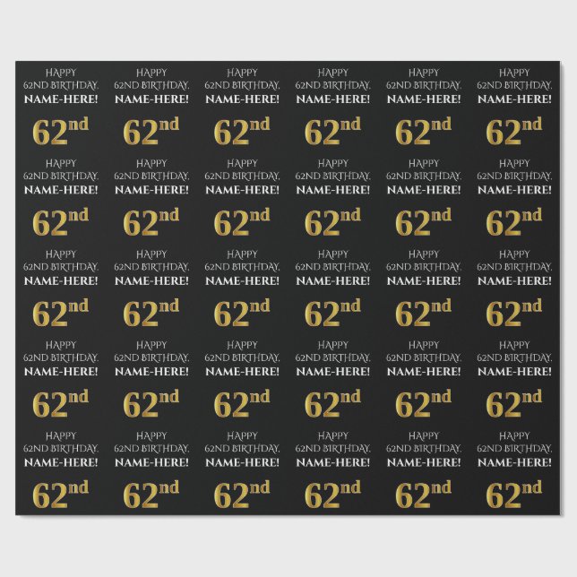 Papel De Regalo 62º cumpleaños: Elegante, negro, falso dorado look (Superficie plana)