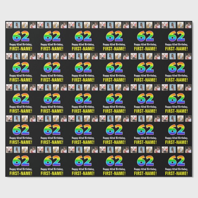 Papel De Regalo 62° cumpleaños: Arcoiris "62"; fotos y nombre de P (Superficie plana)