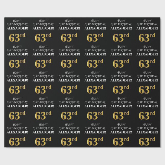 Papel De Regalo 63° cumpleaños: Elegante, negro, falso dorado look (Superficie plana)