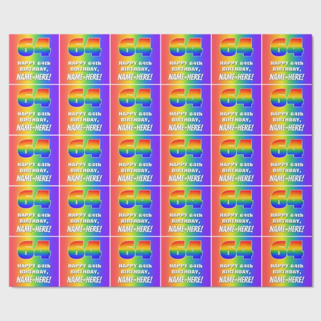 Papel De Regalo 64º cumpleaños: Colorido, divertido patrón arcoiri (Costura)