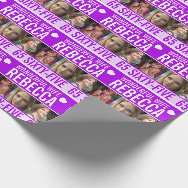Papel De Regalo 65 años tres fotos morada maravillosa esposa (Esquina)