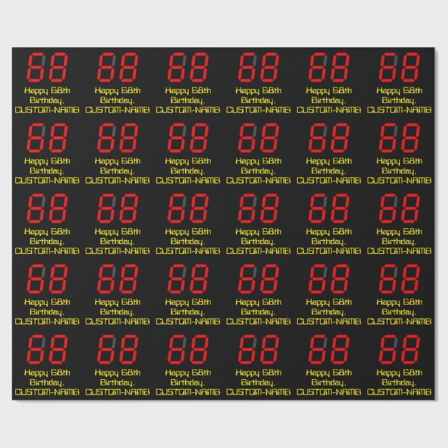 Papel De Regalo 68º cumpleaños: Red Digital Clock Style "68" + Nom (Superficie plana)