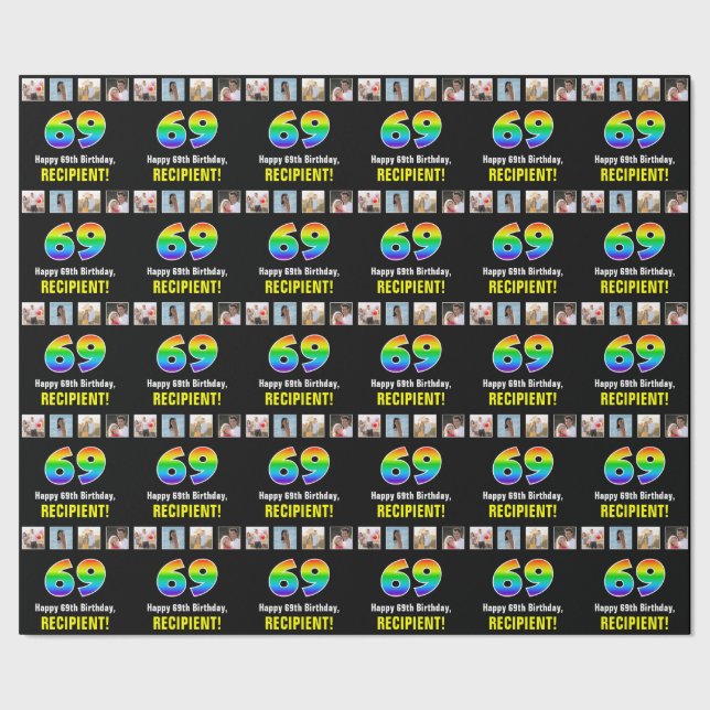 Papel De Regalo 69º cumpleaños: Arcoiris "69"; fotos y nombre de P (Costura)