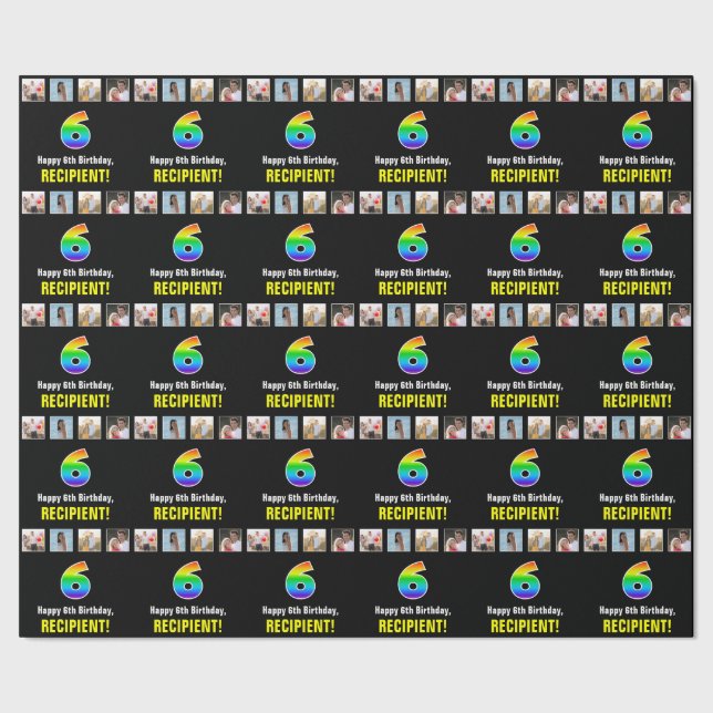 Papel De Regalo 6.º cumpleaños: Arcoiris "6"; fotos y nombre de Pe (Costura)