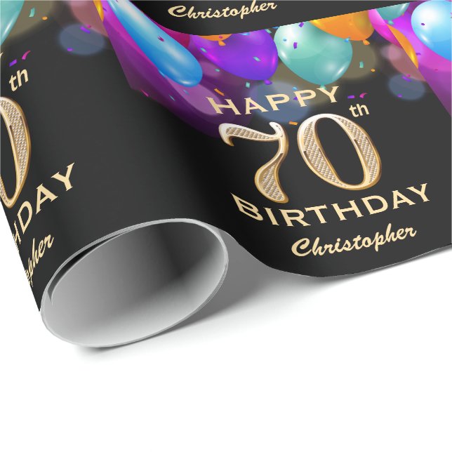Papel De Regalo 70.ª fiesta de cumpleaños Globos de oro y negro (Esquina del rollo)