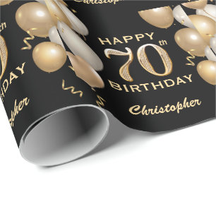 Papel De Regalo 70.º cumpleaños Globos Purpurinas de oro y negro