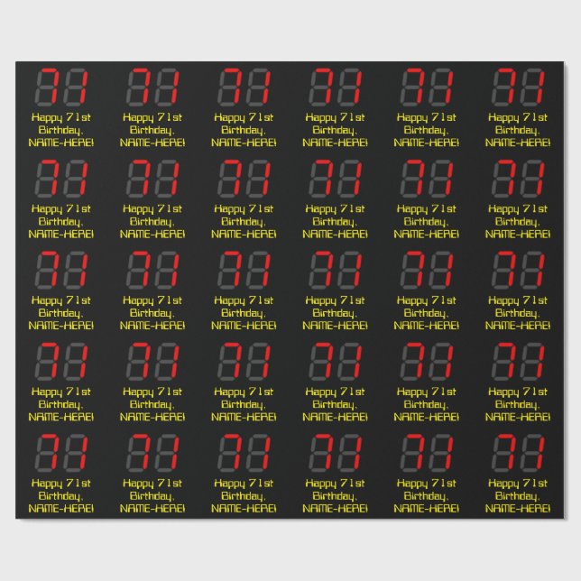 Papel De Regalo 71 Aniversario: Red Digital Clock Style "71" + Nom (Superficie plana)