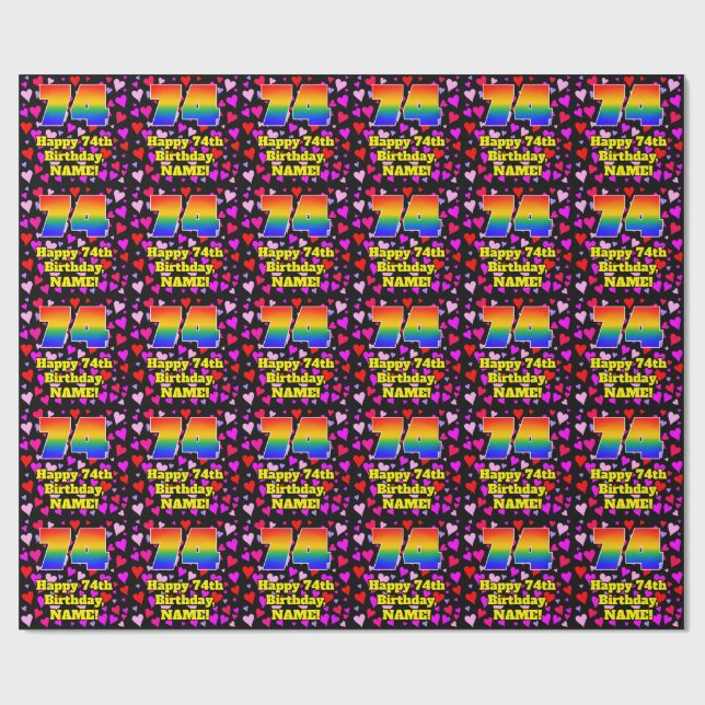 Papel De Regalo 74th Birthday: Loving Hearts Pattern, Rainbow # 74 (Superficie plana)
