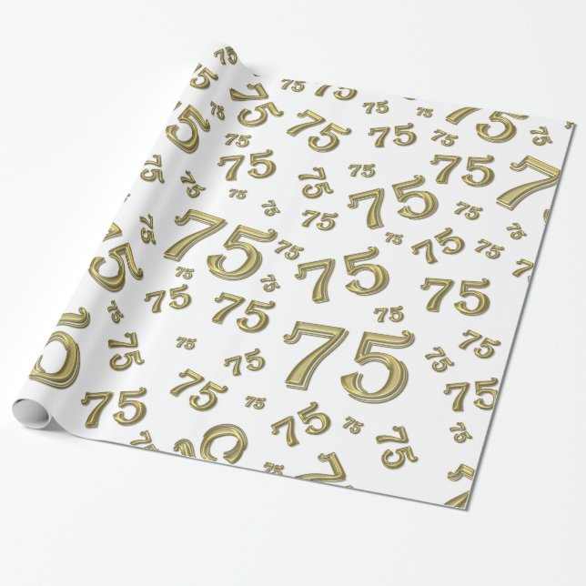 Papel De Regalo 75º Patrón de número de cumpleaños 75 Oro y Blanco (Desenrollado)