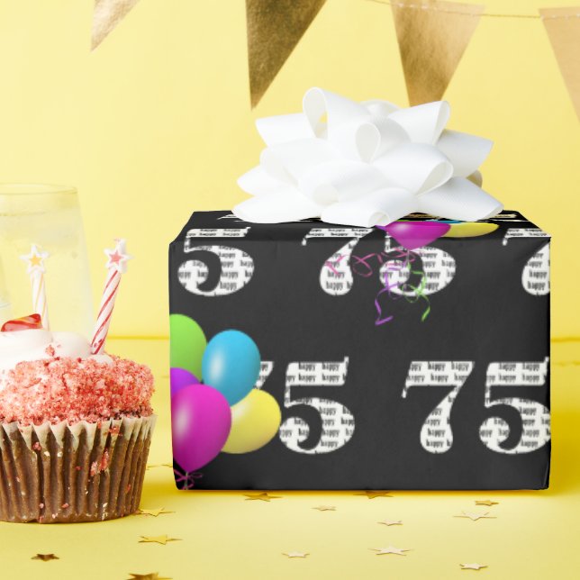 Papel De Regalo 75.ª alegría de los globos de cumpleaños en negro (Fiesta de cumpleaños )