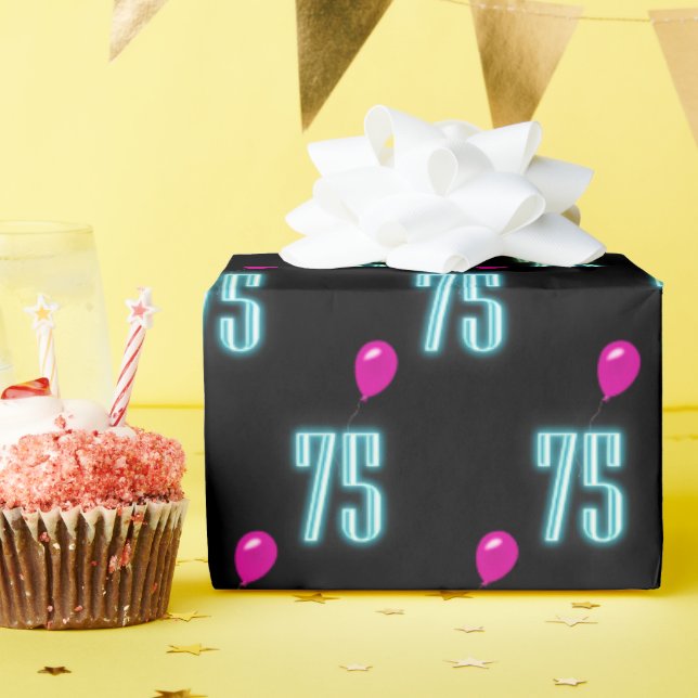 Papel De Regalo 75.º cumpleaños neón con globo (Fiesta de cumpleaños )