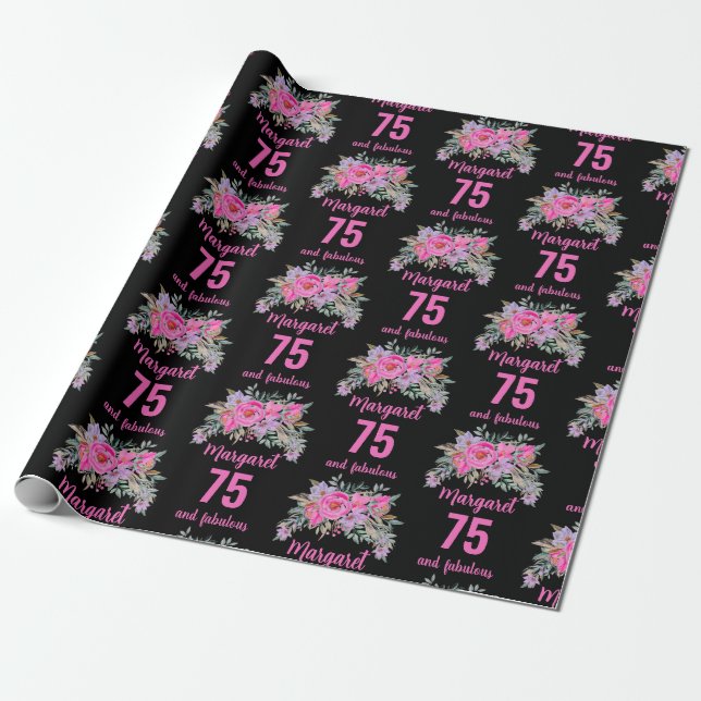 Papel De Regalo 75 años negro rosa floral (Desenrollado)