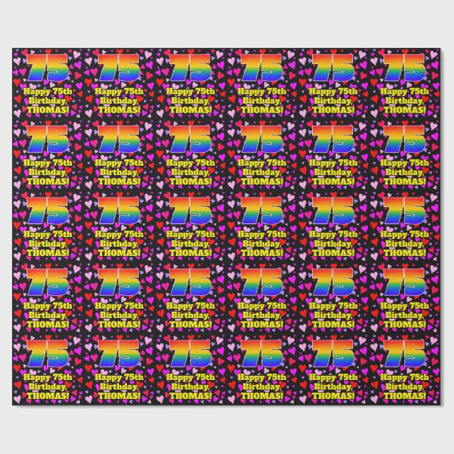 Papel De Regalo 75th Birthday: Loving Hearts Pattern, Rainbow # 75 (Superficie plana)