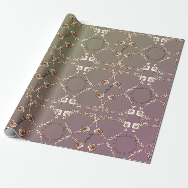Papel De Regalo 7.º Boda Aniversario Rosas de Coppery (Desenrollado)