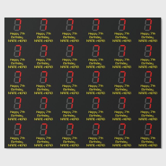 Papel De Regalo 7.º cumpleaños: Red Digital Clock Style "7" + Nomb (Superficie plana)