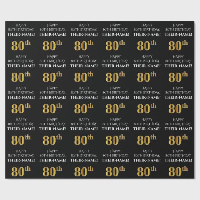 Papel De Regalo 80.º cumpleaños: Elegante, negro, falso dorado (Superficie plana)