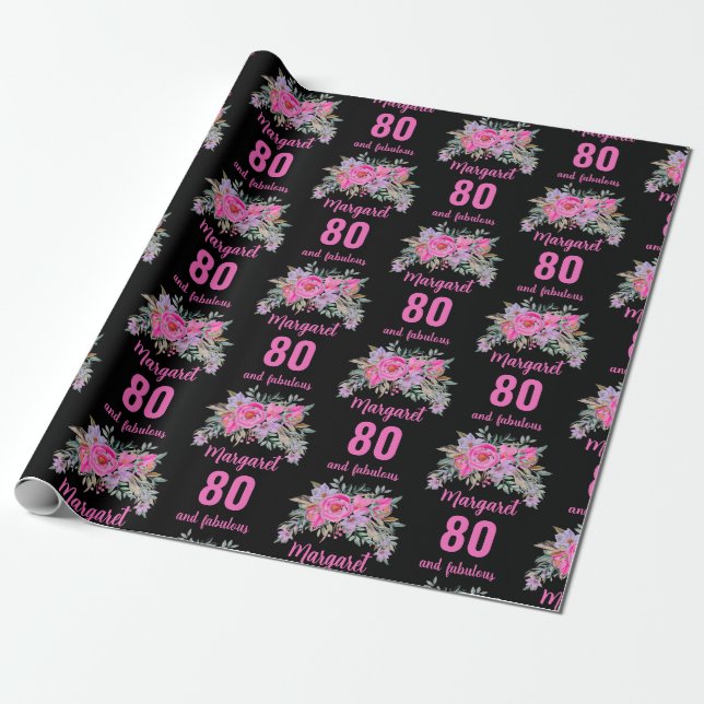 Papel De Regalo 80.º cumpleaños floral rosa negro (Desenrollado)