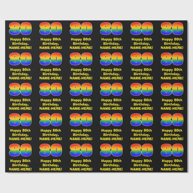Papel De Regalo 80.º cumpleaños: Inspirado arcoiris divertido y co (Superficie plana)