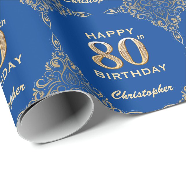 Papel De Regalo 80.º marco Purpurina azul y dorado (Esquina del rollo)