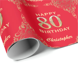 Papel De Regalo 80.º marco Purpurina rojo y dorado