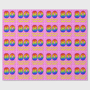 Papel De Regalo 80° cumpleaños: Rayas y corazones rosas, arcoiris