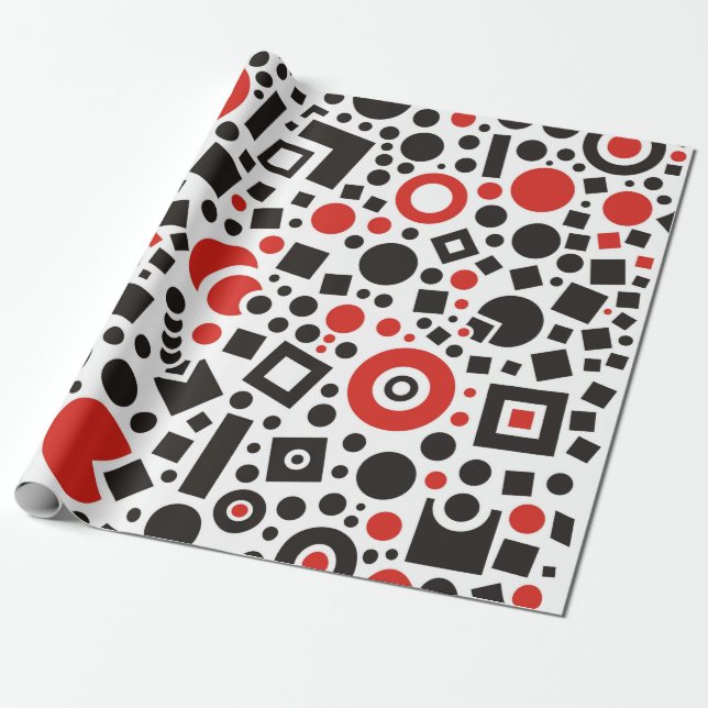 Papel De Regalo 80s rojo y modelo geométrico blanco retro (Desenrollado)
