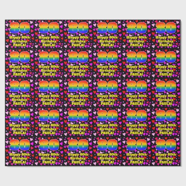 Papel De Regalo 80th Birthday: Loving Hearts Pattern, Rainbow # 80 (Superficie plana)