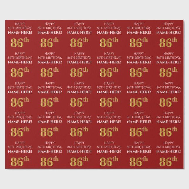 Papel De Regalo 86º cumpleaños: Elegante, Rojo, Faux Gold Look (Superficie plana)