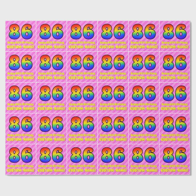 Papel De Regalo 86º cumpleaños: Rayas y corazones rosados, arcoiri (Superficie plana)